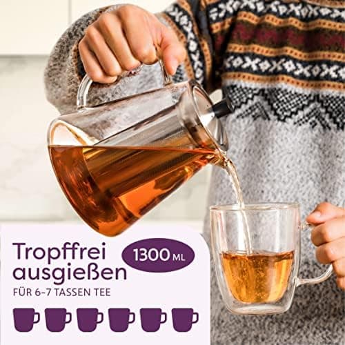 Cosumy Teekanne Glas 1,3 L - Hitzebeständig - Hält lange warm - Spülmaschinenfest