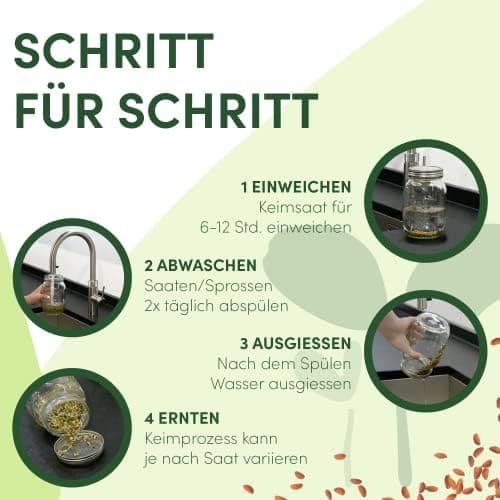 Original Sprossenglas 2er Set + KRESSESIEB + Saatgut-Set - Hochwertiges Edelstahl-Gitter, Ständer und Keramikschale [USA