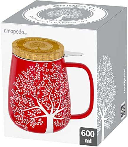Amapodo XXL Teetasse - Plastikfreie 600ml Porzellantasse mit Deckel und Sieb - Weiß - Perfekt für Tee-Liebhaber - Großes