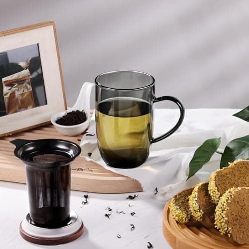 EcoOE 440 ml Borosilikat Teetasse mit Ultrafein Edelstahl Sieb und Natürlicher Bambus Deckel für Koffeinfreie Getränke