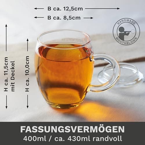 Creano Teeglas All-In-One, große Teetasse mit Sieb und Deckel aus Glas für Tee liebende Frauen und Männer bei jeder Gele