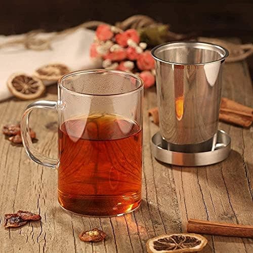 EcoOE 440 ml Borosilikat Teetasse mit Ultrafein Edelstahl Sieb und Natürlicher Bambus Deckel für Koffeinfreie Getränke