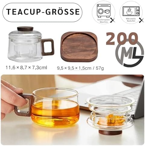 JanYoo Glas Teetasse mit Deckel und Sieb | Ideal für den Hausfrau | Für den Zuhause genossenen Tee | Transparent, 200ml,