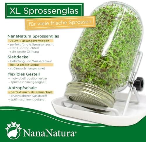 Nananatura Keimgläser Doppelpack | Perfekt zum Sprossen ziehen | 2er-Set inkl. Edelstahl-Gitterdeckel, Ständer & Schalen