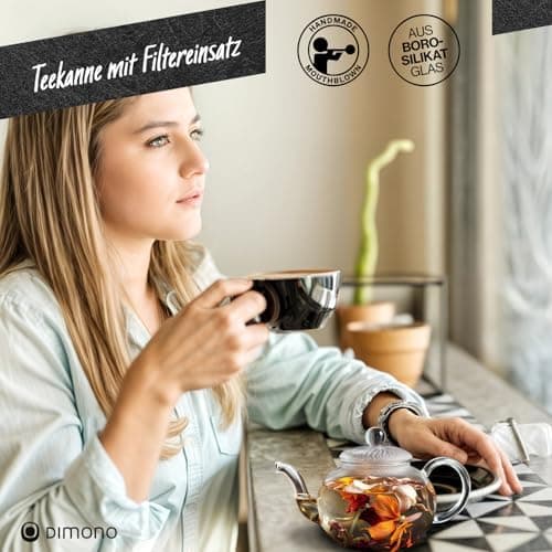 Dimono Mundgeblasene Teekanne mit Teefilter 600 ml perfekt für Teeblumen