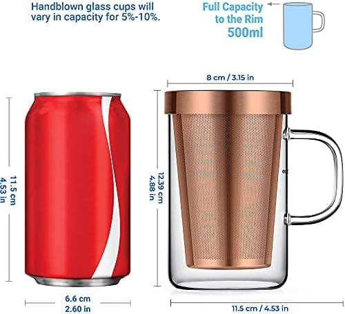 EcoOE 440 ml Borosilikat Teetasse mit Ultrafein Edelstahl Sieb und Natürlicher Bambus Deckel für Koffeinfreie Getränke