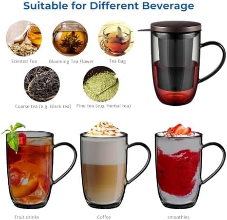 EcoOE 440 ml Borosilikat Teetasse mit Ultrafein Edelstahl Sieb und Natürlicher Bambus Deckel für Koffeinfreie Getränke