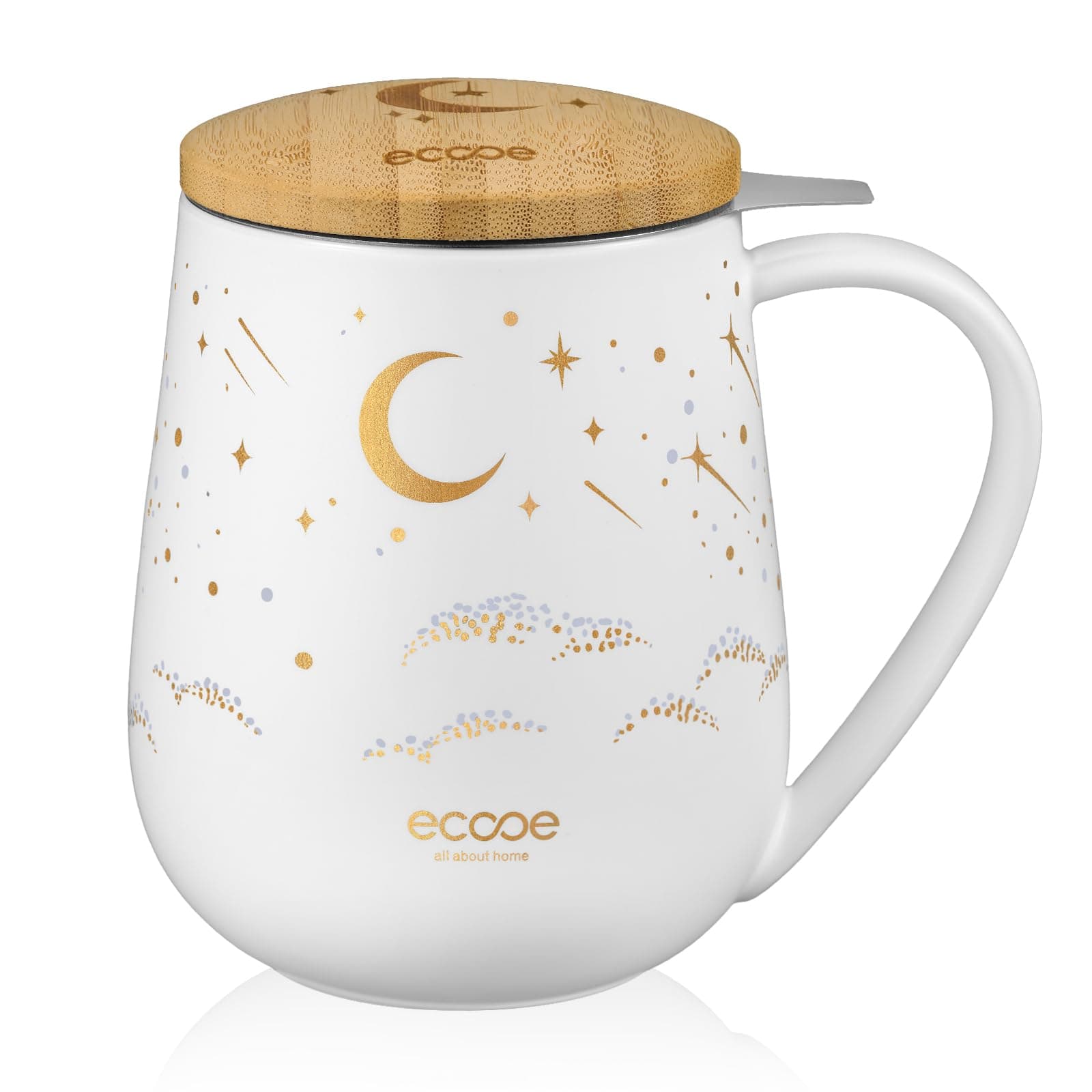 Ecoe Teetasse mit Deckel und Sieb - 600 ml Keramik, Weiß, Große Teetasse mit Sieb und Deckel, Pärchen Geschenke - Weihna