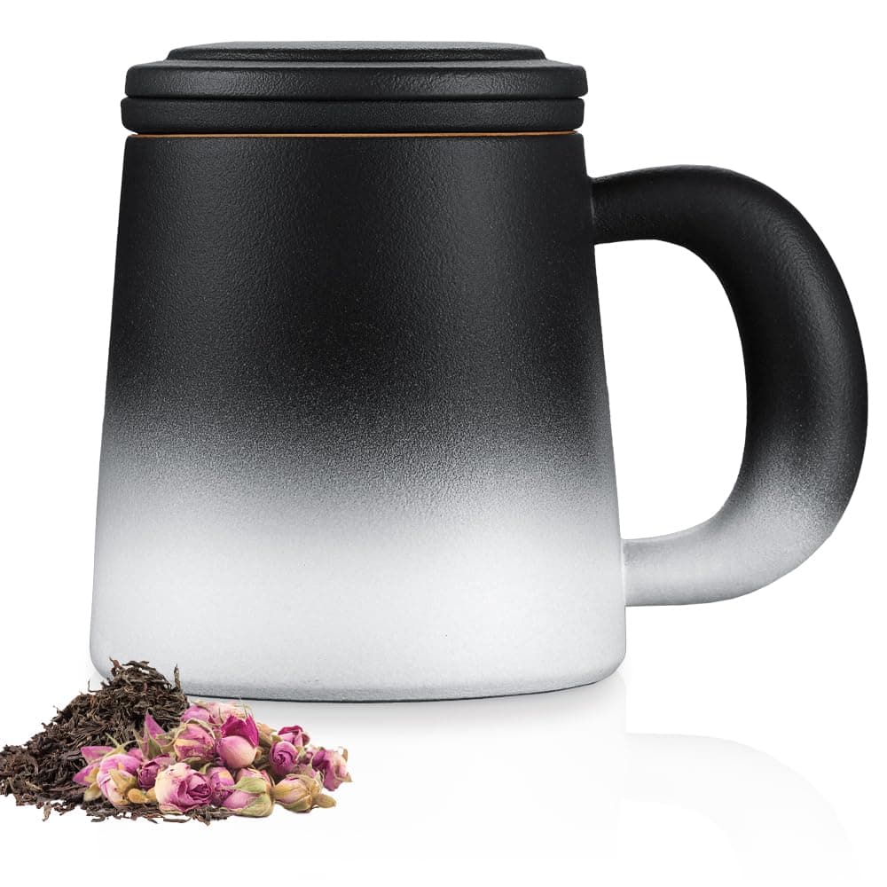 Ecoe TEETASSE Mit Teesieb Und Deckel, 420ml Keramik Tasse Für Losen Tee Große Teetassen Schwarz Und Weiß Gradienten Teeb