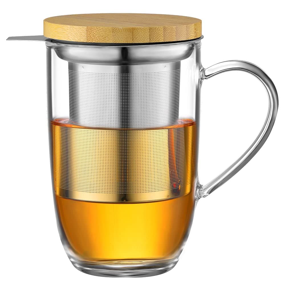 EcoOE 440 ml Borosilikat Teetasse mit Ultrafein Edelstahl Sieb und Natürlicher Bambus Deckel für Koffeinfreie Getränke