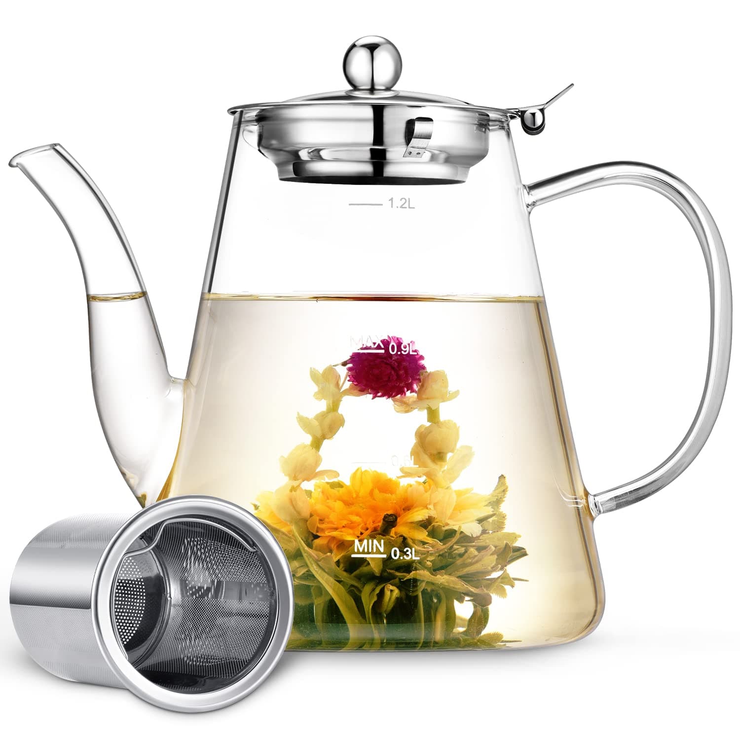 Zpose 1200ml Hitzebeständige Teekanne mit Edelstahl Filter und Sieb für cada Tee
