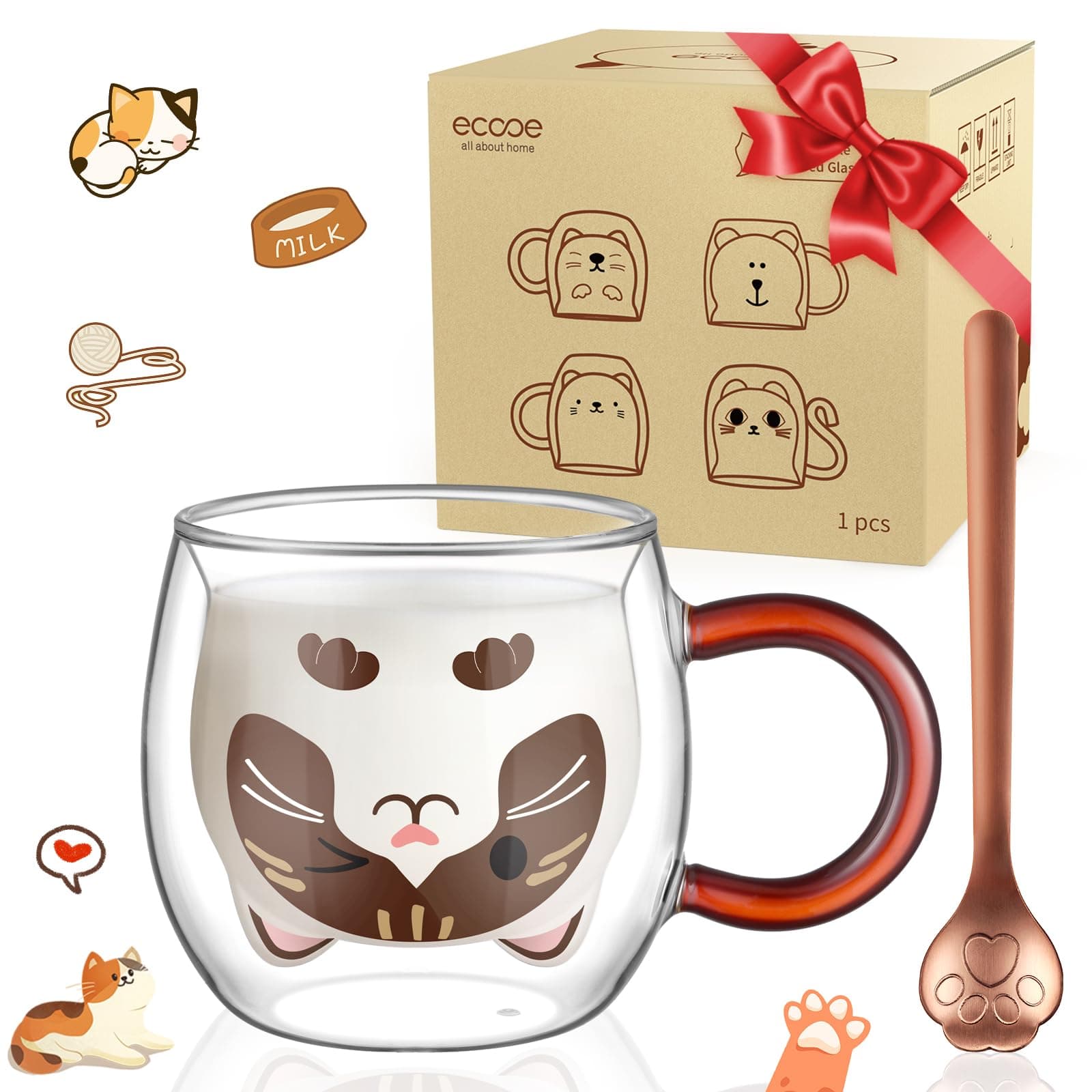 Ecooe Katzen Tasse Süße Doppelwandige Gläser Geburtstag Geschenke für Frauen