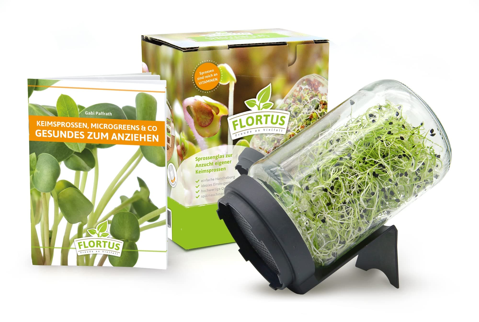 Sprossenglas Set FLORTUS 720ml frische Keimsprossen Anzucht - Sprossen Anzuchtset mit Siebdeckel & Ständer für leckere M