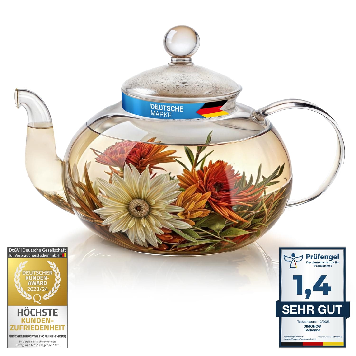 Dimono Mundgeblasene Teekanne mit Teefilter 600 ml perfekt für Teeblumen