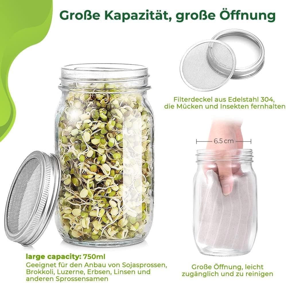 Ecooe Sprossen Keimglas 1er Set Schwarz Wasserspeicherung und Filtrierung für Sprossenkeimung Edelstahl 304 Filtergitter