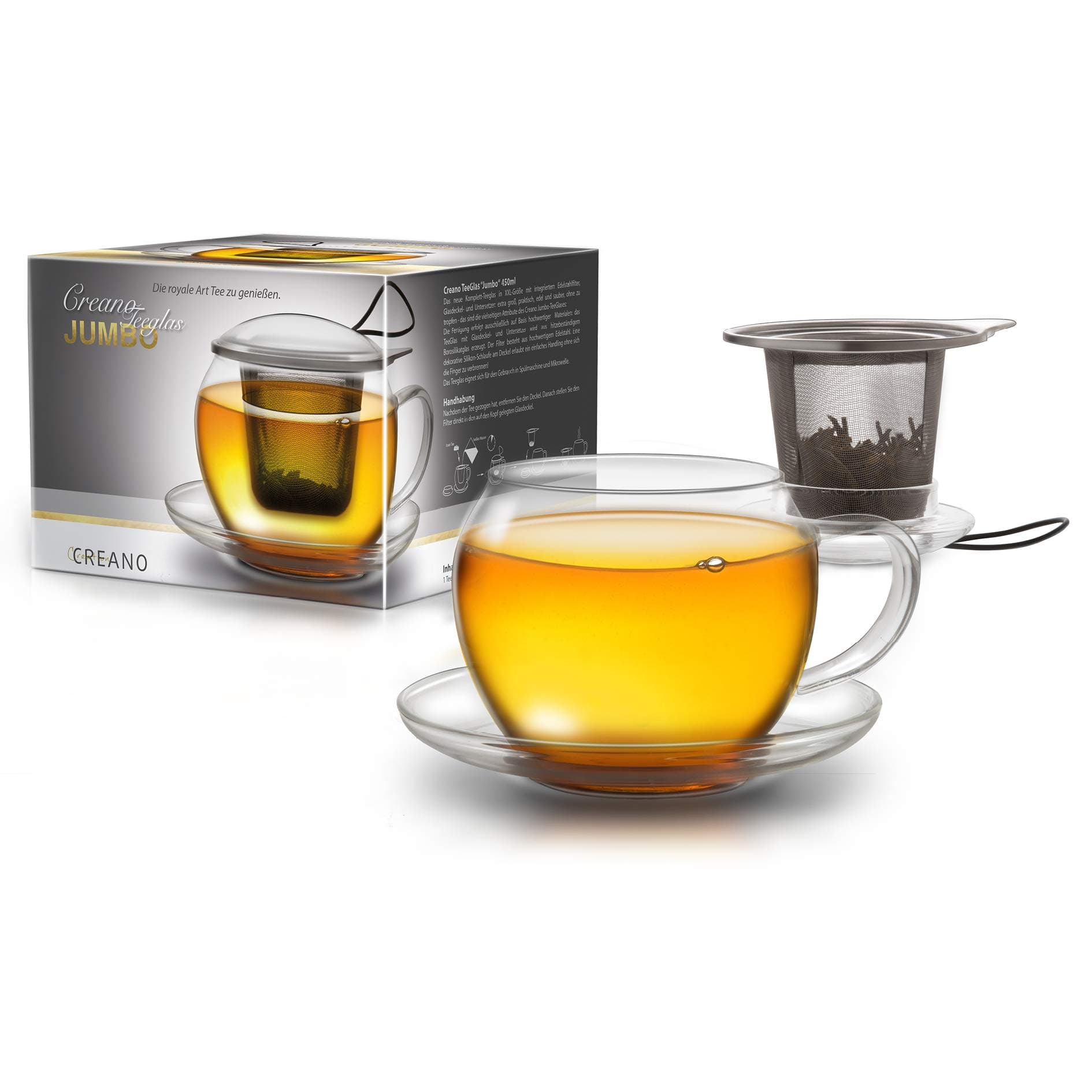 Creano JUMBO Tee-Tasse XXL aus Glas mit Henkel und integriertem Edelstahlsieb für Feierabend │ leicht transportationfähi