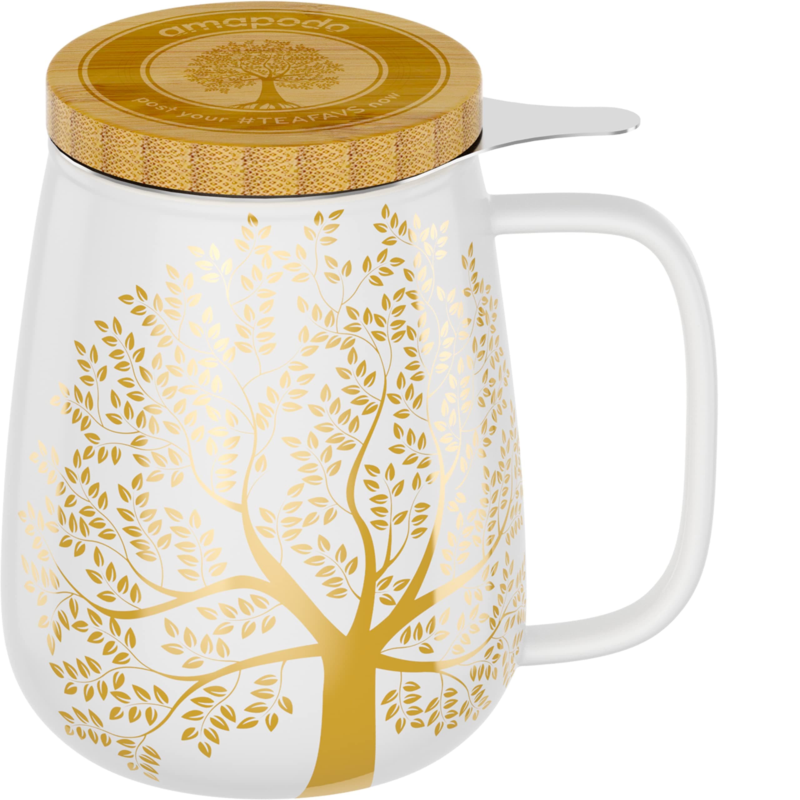 Amapodo XXL Teetasse - Plastikfreie 600ml Porzellantasse mit Deckel und Sieb - Weiß - Perfekt für Tee-Liebhaber - Großes