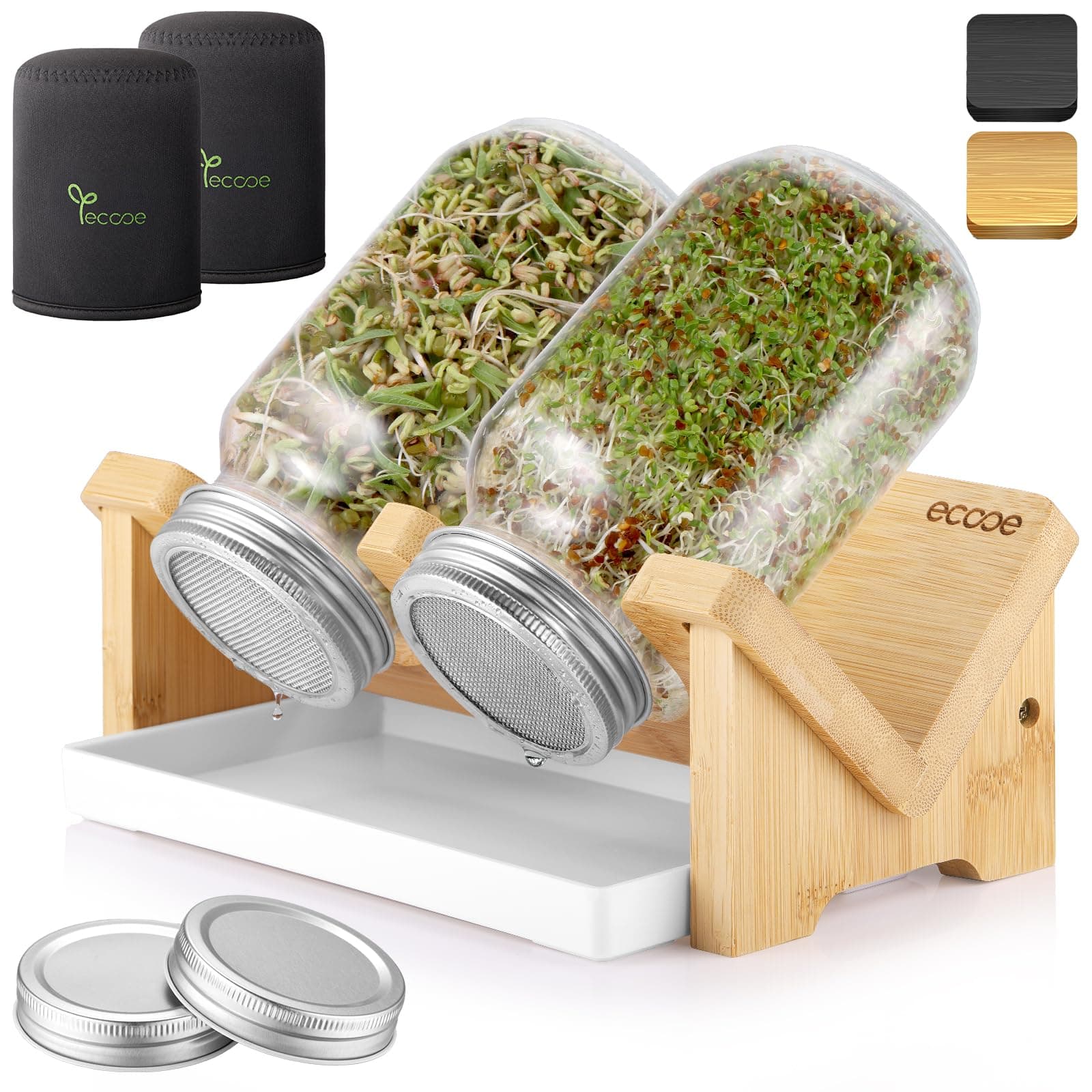 Ecooe Sprossen Keimgläser 2er Set für Sprossen Brokkolisprossen - Abdunklungshüllen und Edelstahlfilterkappe - 750 ml Wa