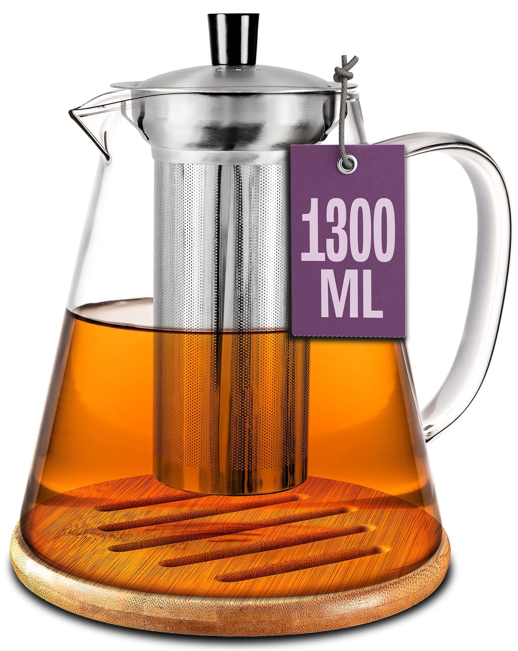 Cosumy Teekanne Glas 1,3 L - Hitzebeständig - Hält lange warm - Spülmaschinenfest
