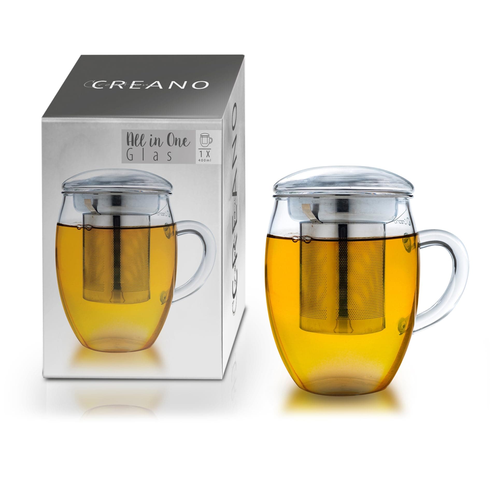 Creano Teeglas all in one 400ml - Große Teetasse mit Edelstahlsieb und Glasdeckel für echten Geschmack (1x 400ml)
Crea