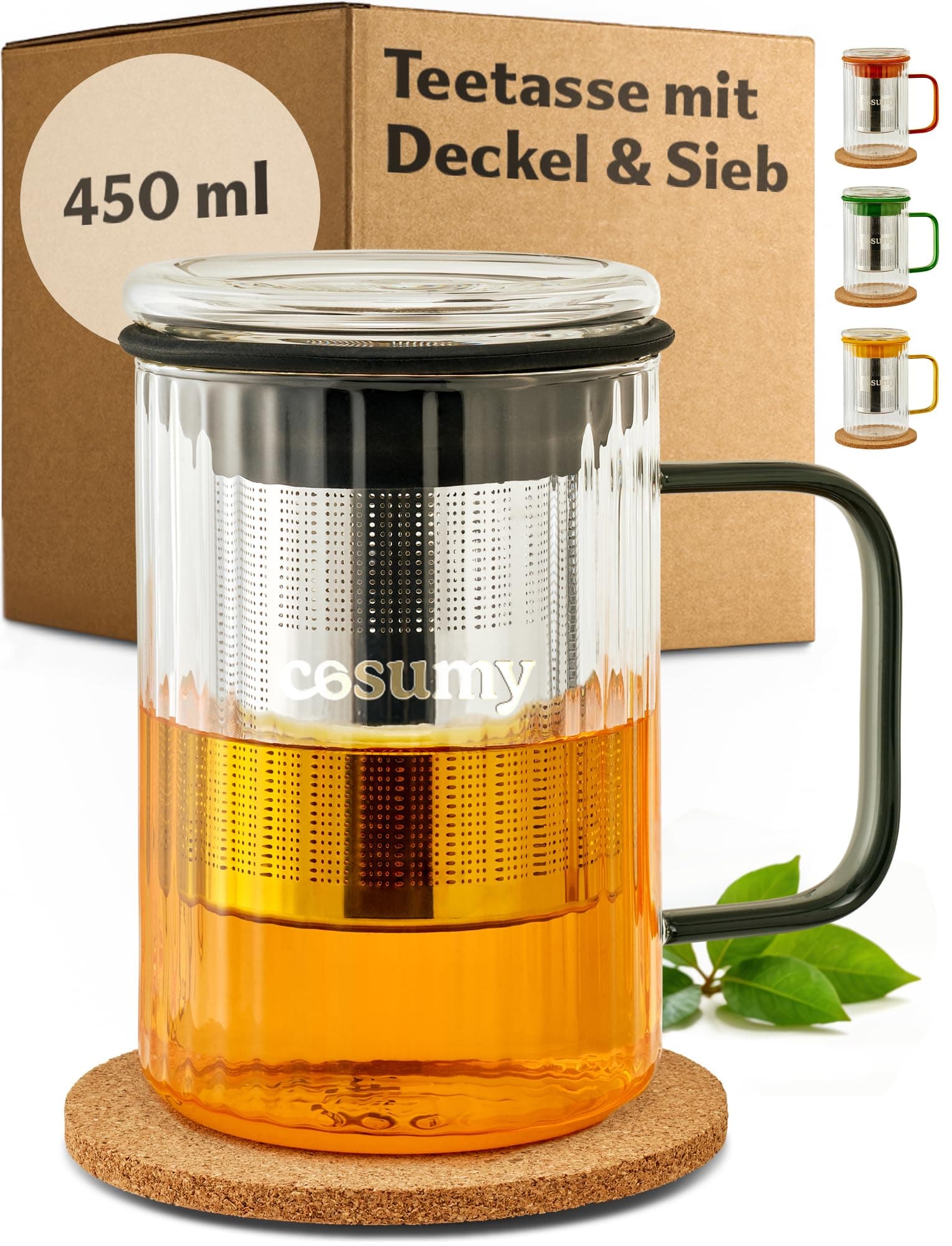 Cosumy Hitzebeständige Teetasse 450ml Schwarz - Farbgriff aus Borosilikat Glas mit Korkuntersetzer und Edelstahlfilter