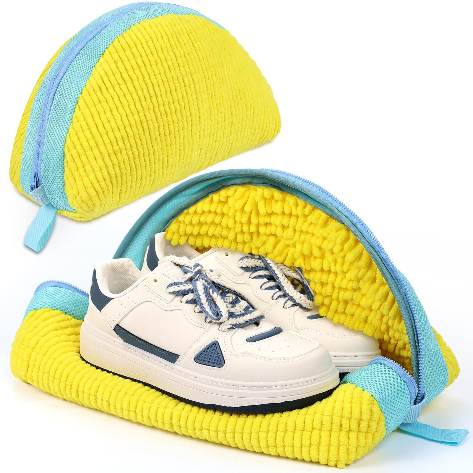 Ecooe Gelb 2 Stück Schuhwaschbeutel für Waschmaschine, Reinigungsflaum mit 360° Chenille, ideal für Sneaker und Turnschu